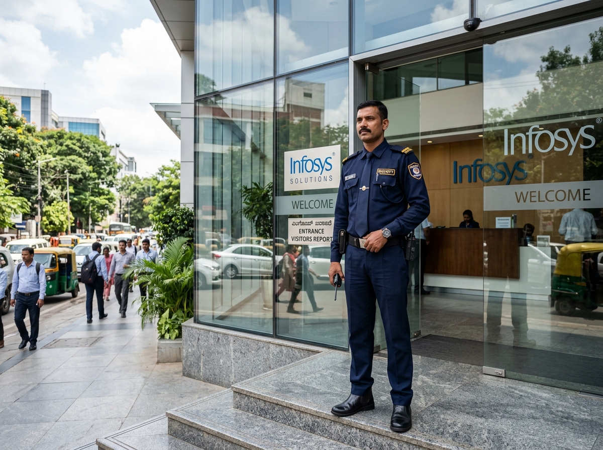 Professional security officer on duty at a building entrance